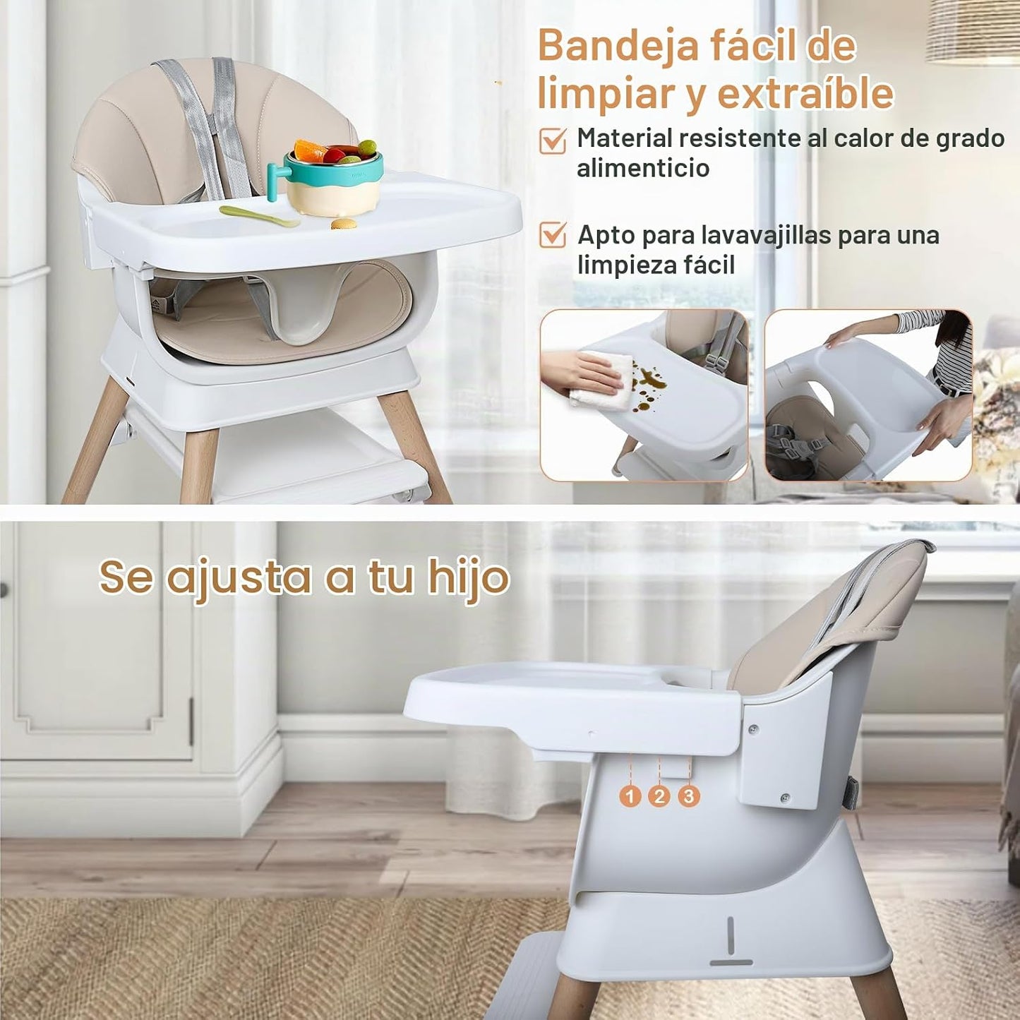 Silla alta convertible 9 en 1 con refuerzo, trona de madera para be...
