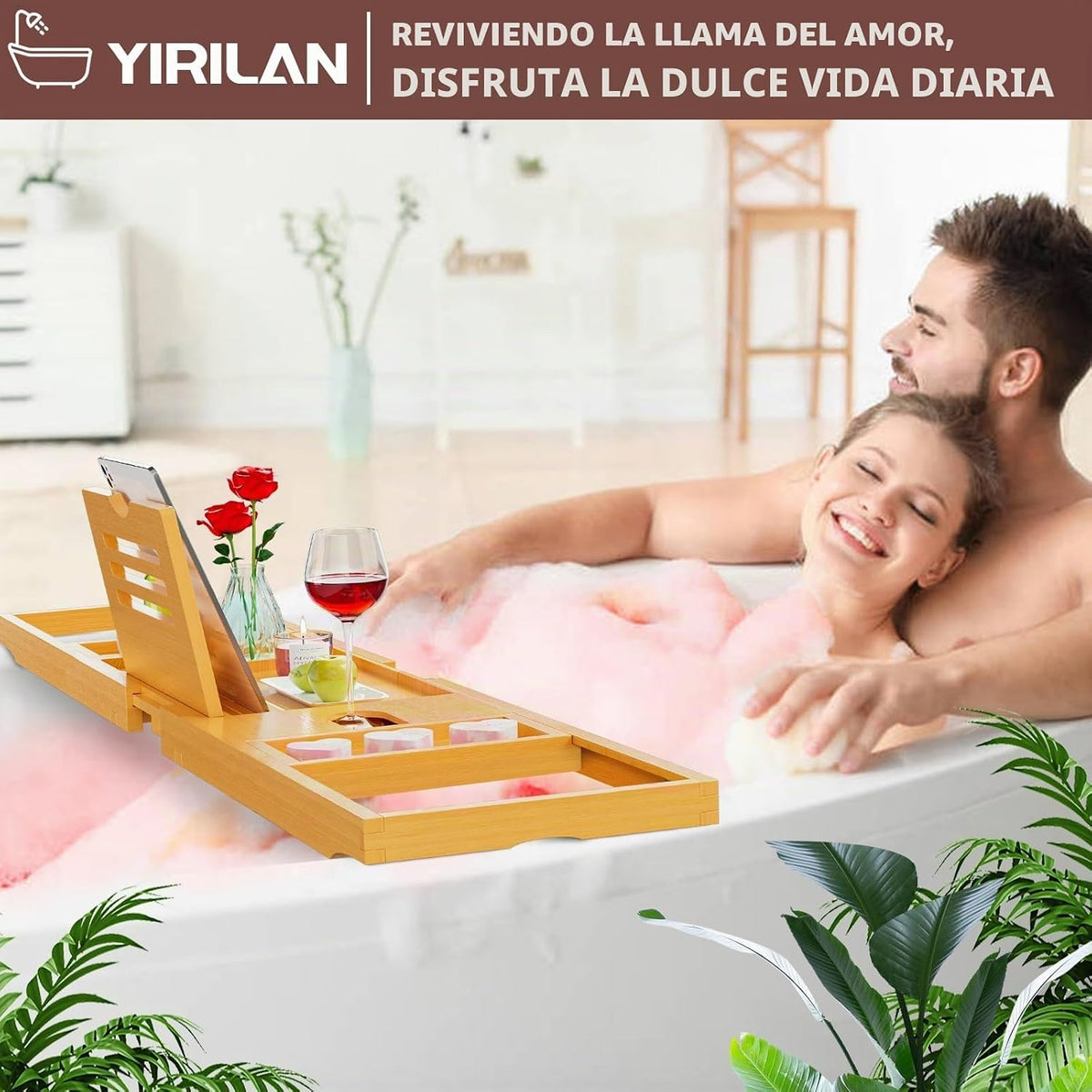 Bandeja de baño de bambú plegable de color madera original, bandeja...
