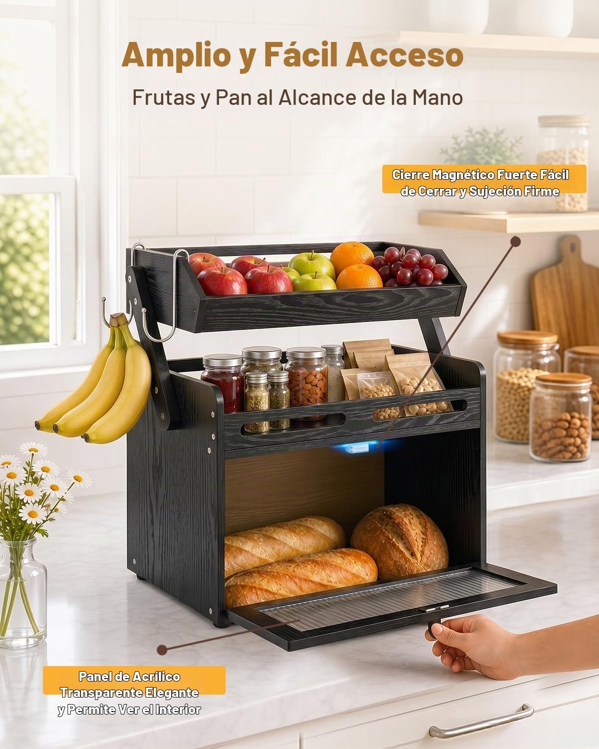 Caja de pan para encimera de cocina, almacenamiento de pan de bambú...