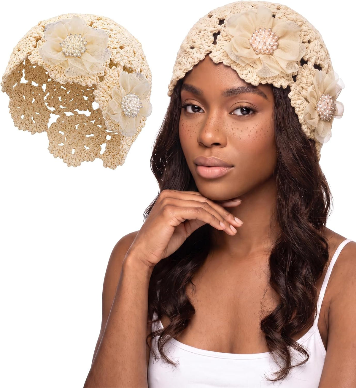 Gorro de ganchillo hecho a mano con calavera de encaje para mujer