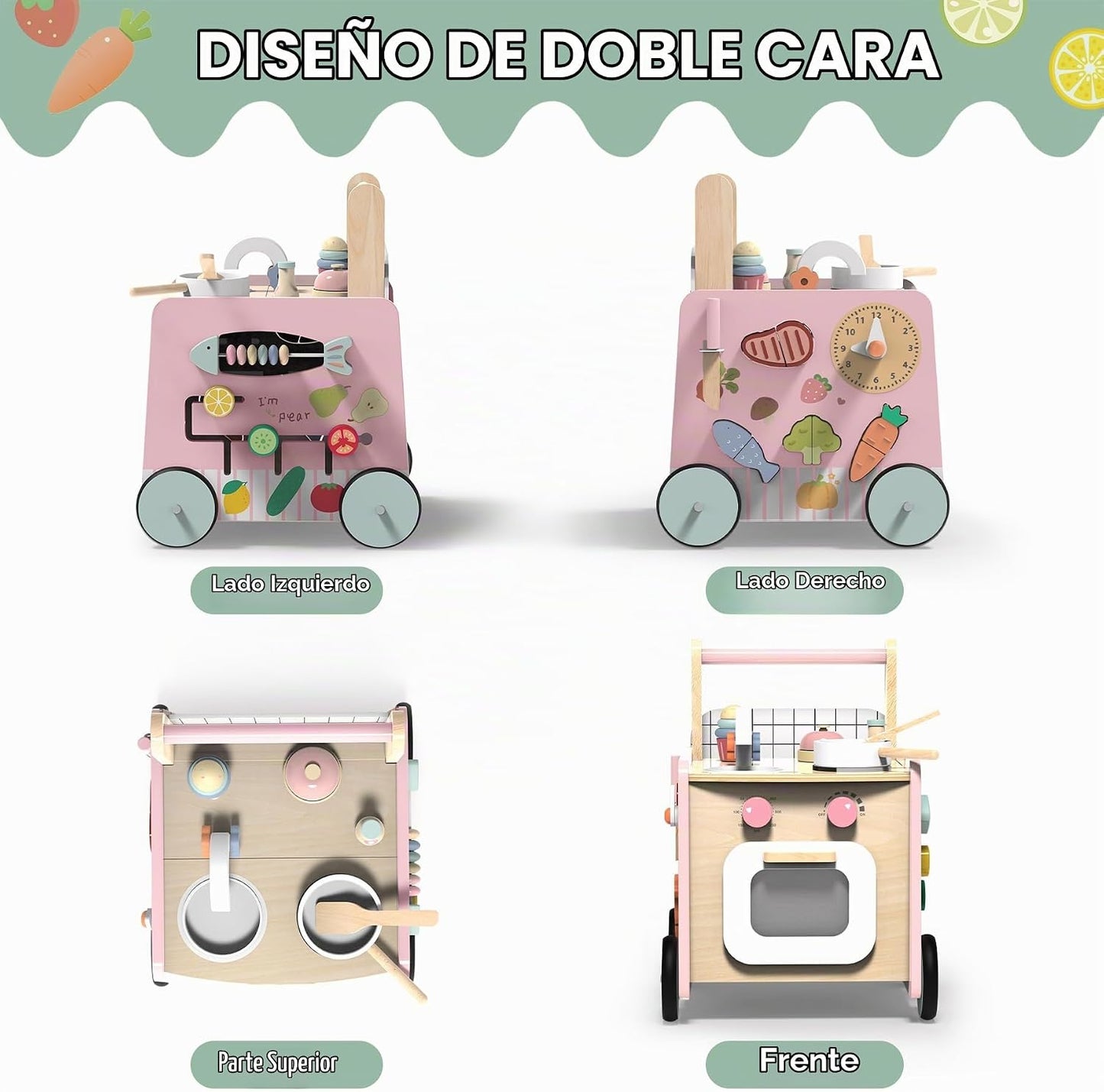 Gigglegems Andador de madera para bebés 4 en 1 con juguetes de empu...