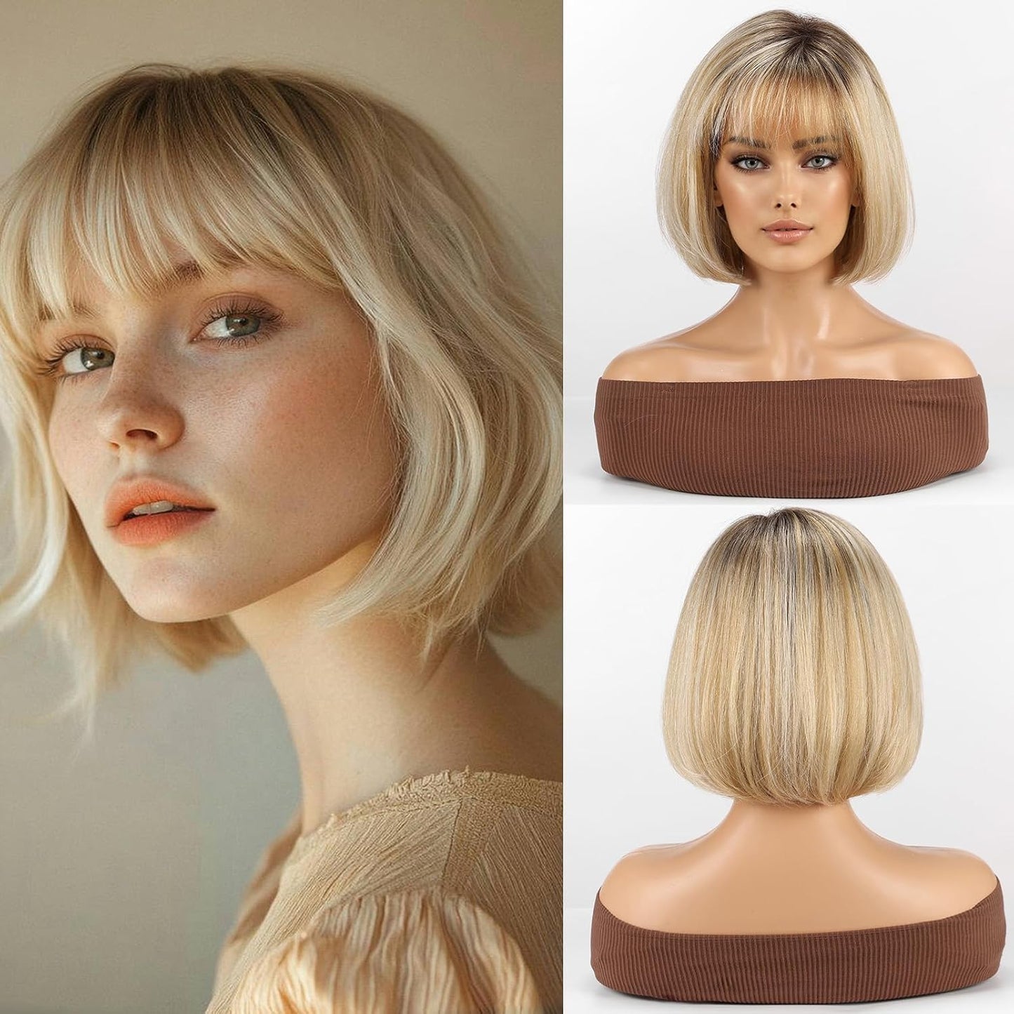 RSY Peluca de mezcla de cabello humano estilo Bob, pelucas de fibra...