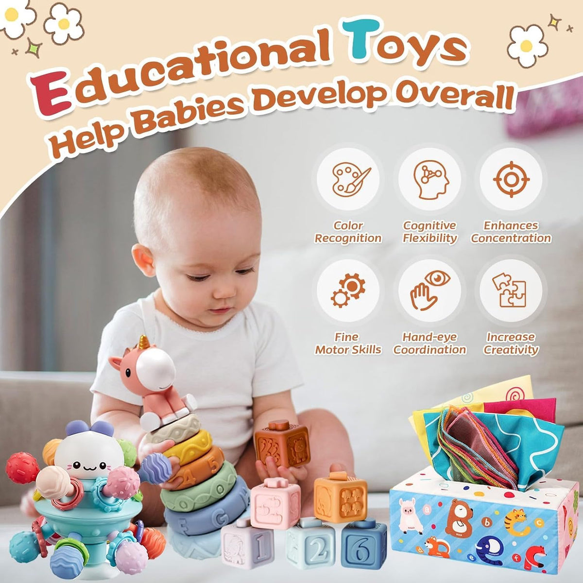 FEBALHS Juguetes Montessori para 6-12 meses, juguetes 4 en 1 para b...