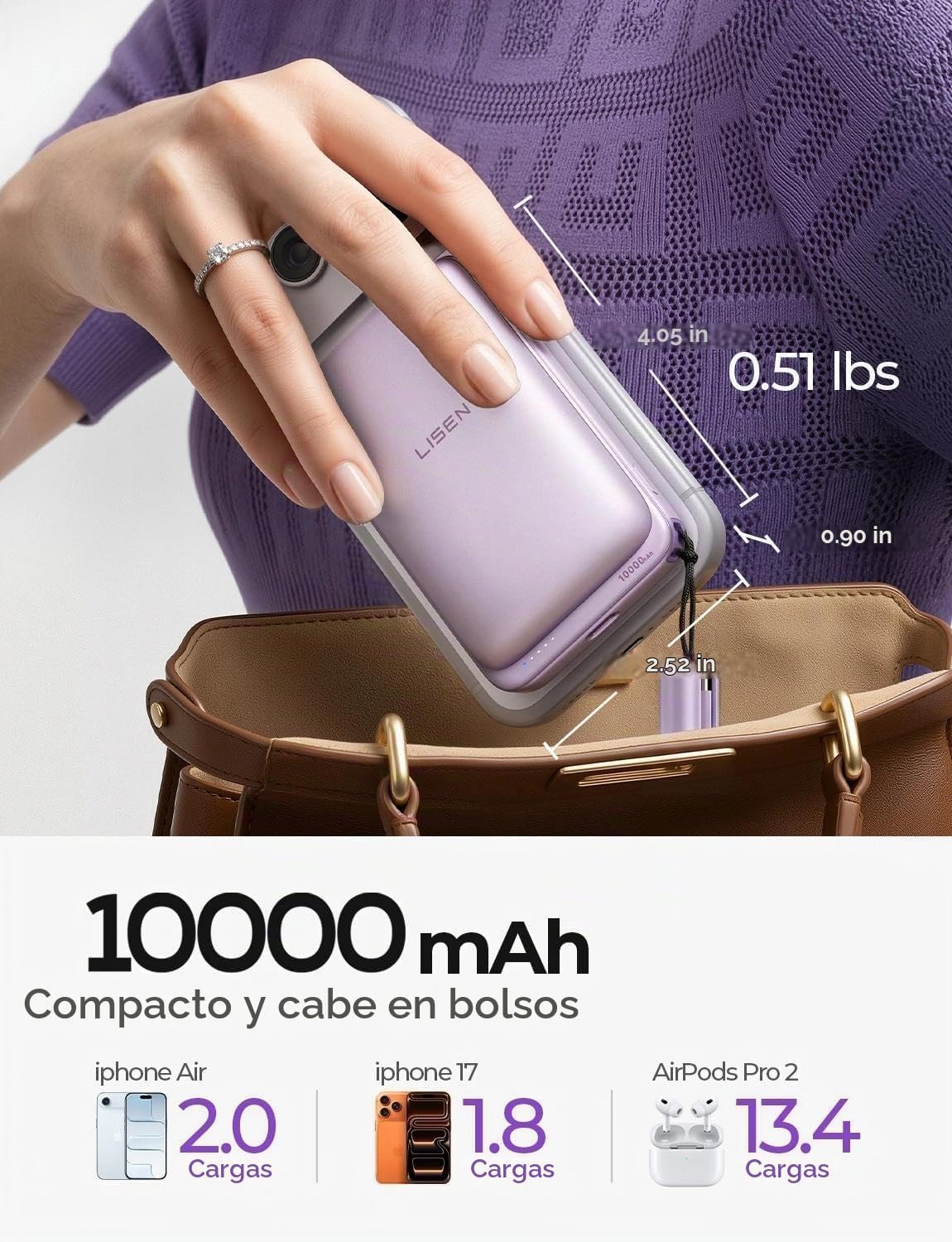 LISEN Cargador portátil magnético para iPhone 10000mAh | QI2.2 Carg...