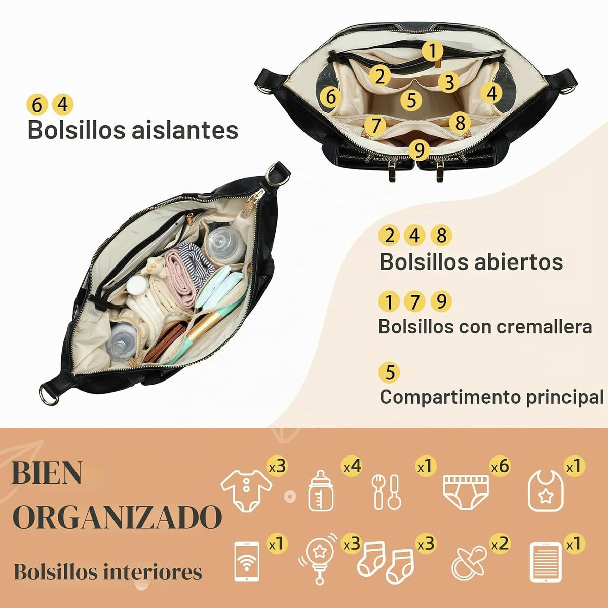 Miss Fong Bolso de cuero para pañales con almohadilla para cambiar,...