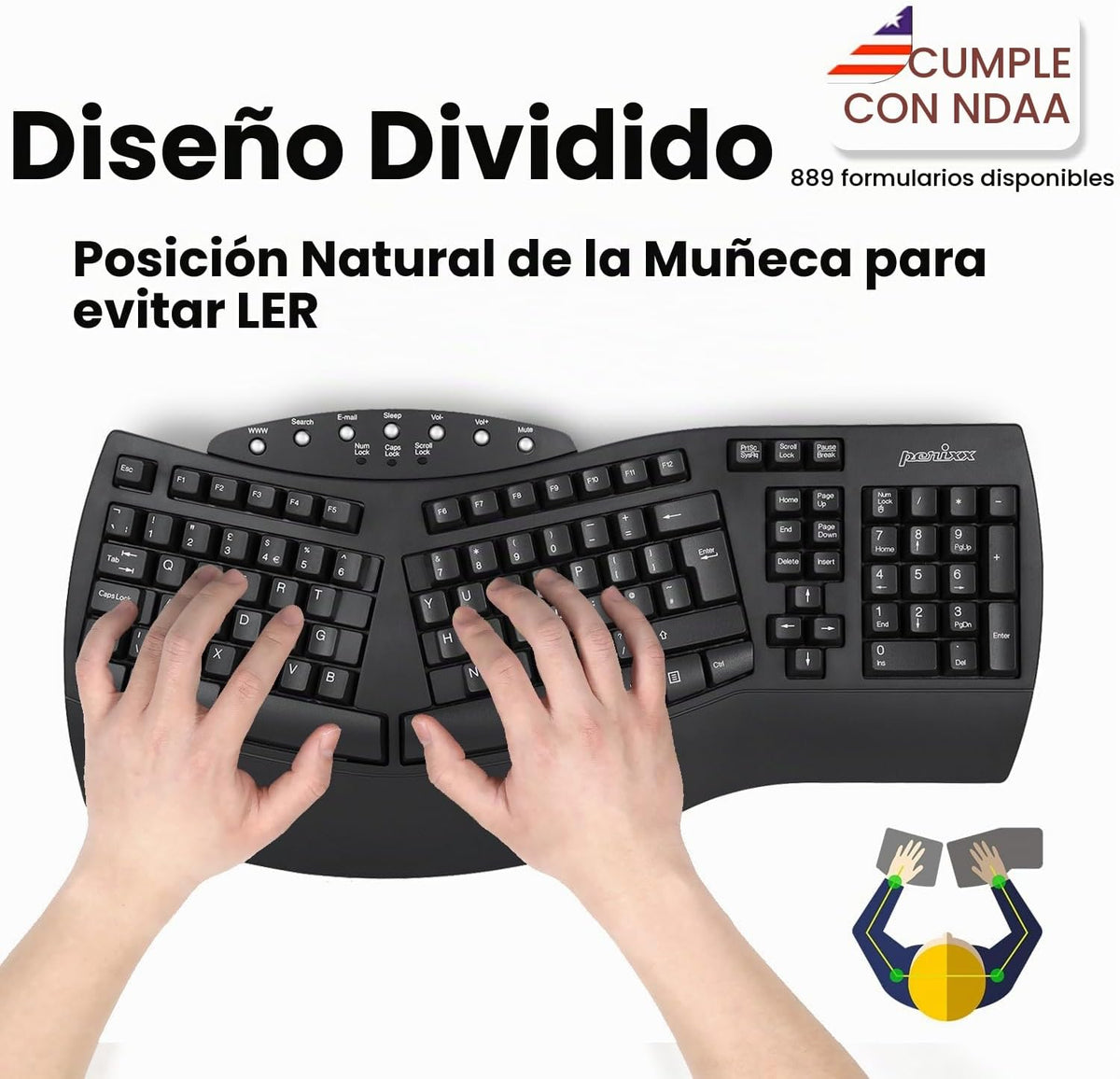 Perixx Periboard-612B - Teclado Inalámbrico Ergonómico Split con Mo...