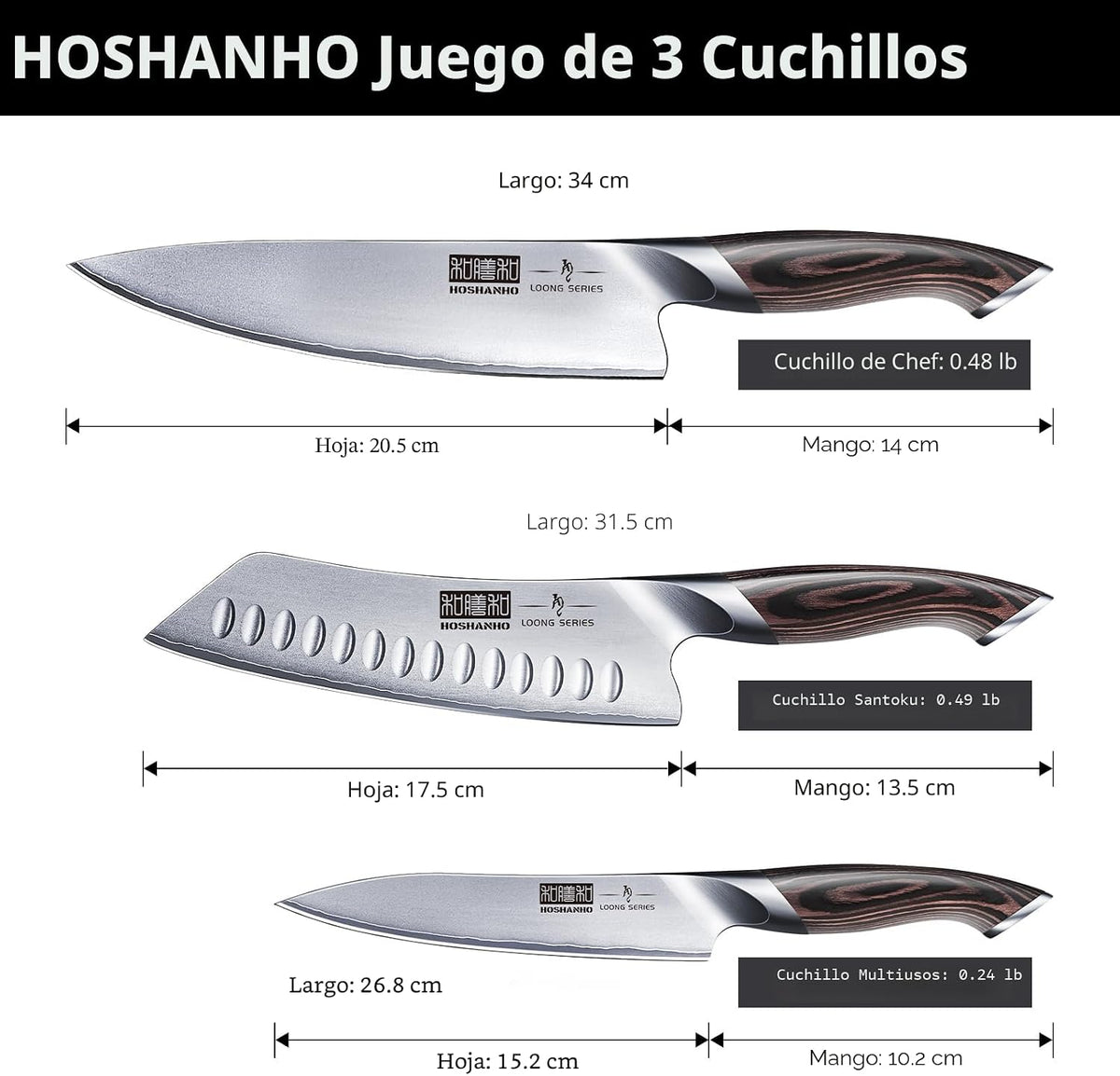 HOSHANHO Juego de 3 piezas de cuchillos, juego profesional de cuchi...