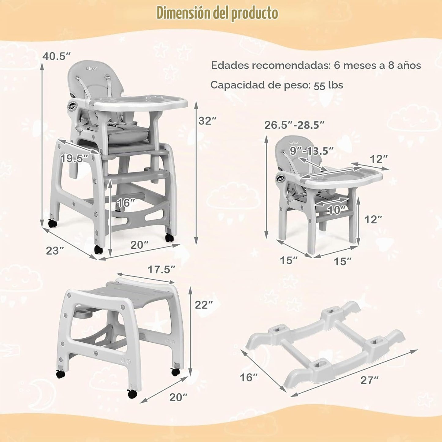 INFANS Silla alta 5 en 1 para bebé, juego de sillas convertibles pa...