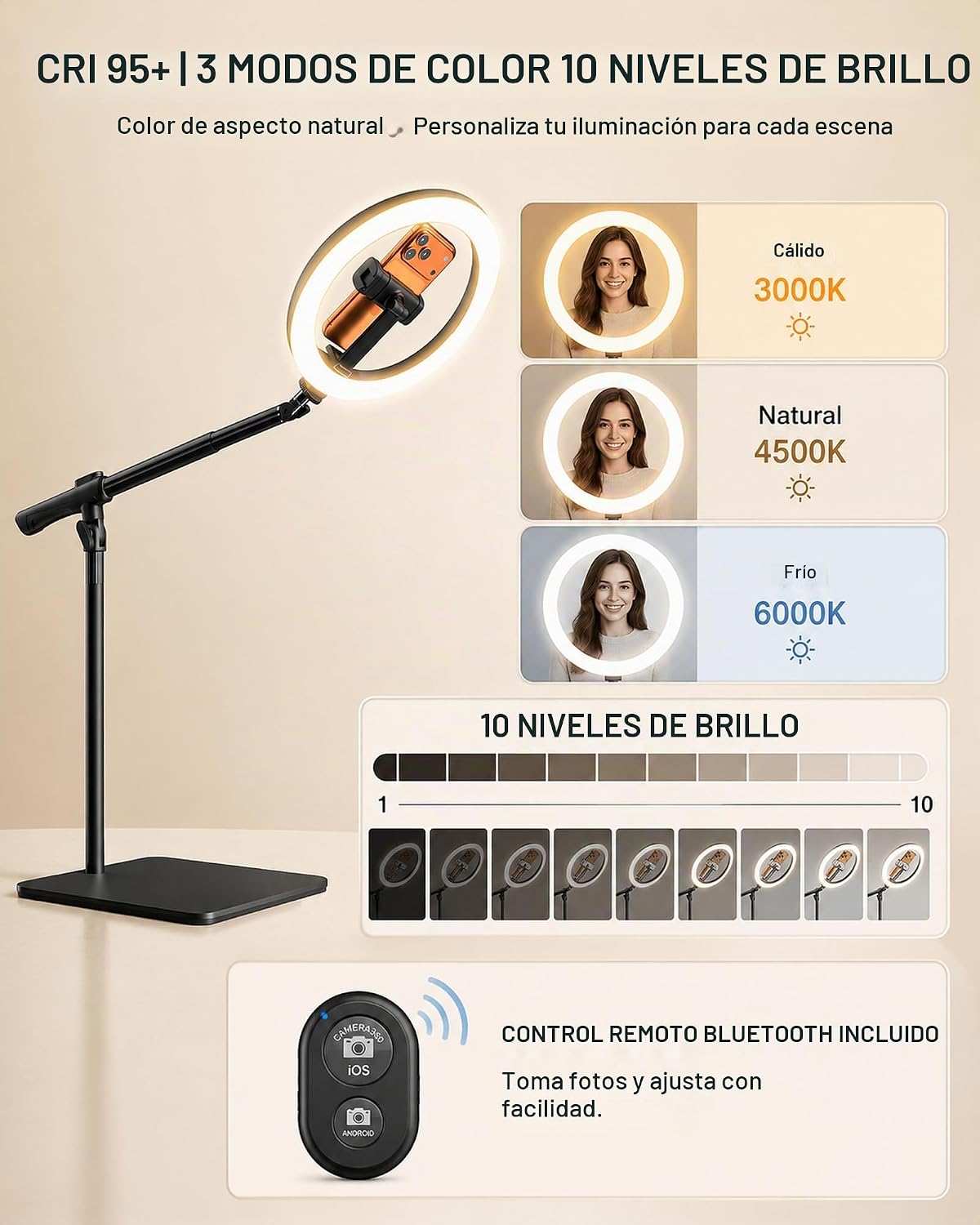 Anillo de luz con soporte para escritorio, soporte de teléfono supe...