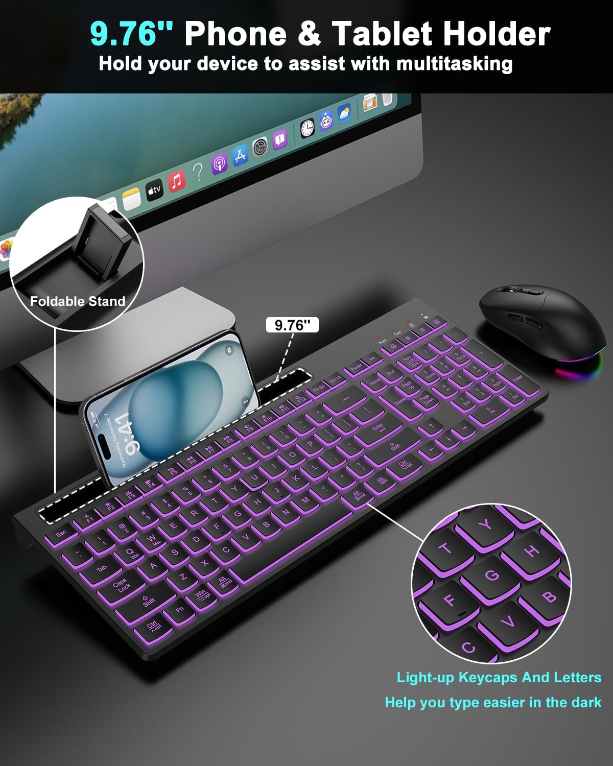 Combo de teclado y mouse inalámbricos, 7 efectos retroiluminados, l...