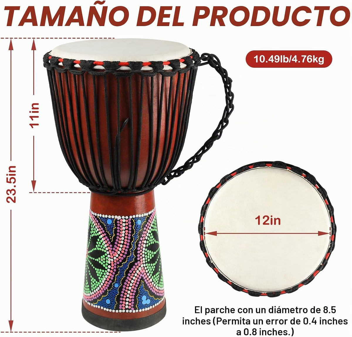 GOGHOST Tambor Djembe de madera, 12 x 23.5 pulgadas, tambores afric...