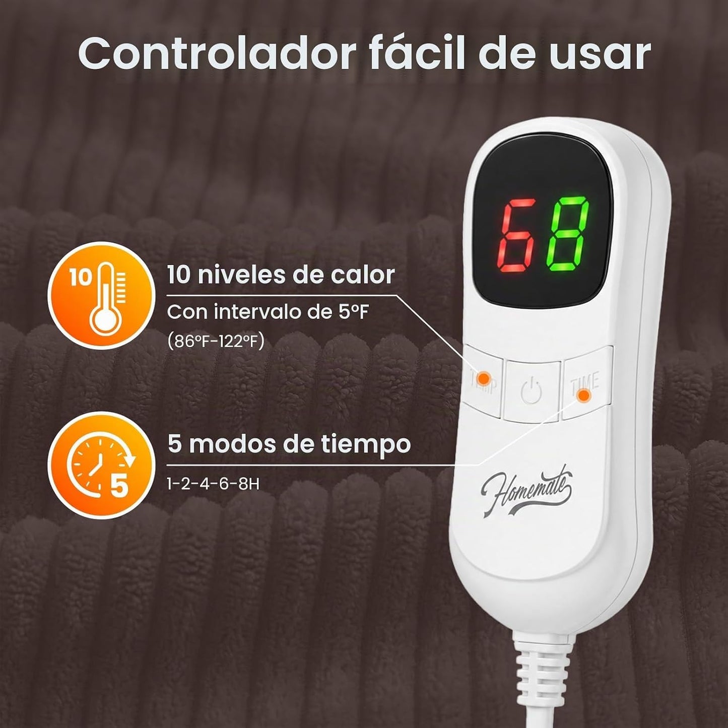 Homemate - Manta térmica eléctrica de 50 x 60 pulgadas, franela sua...