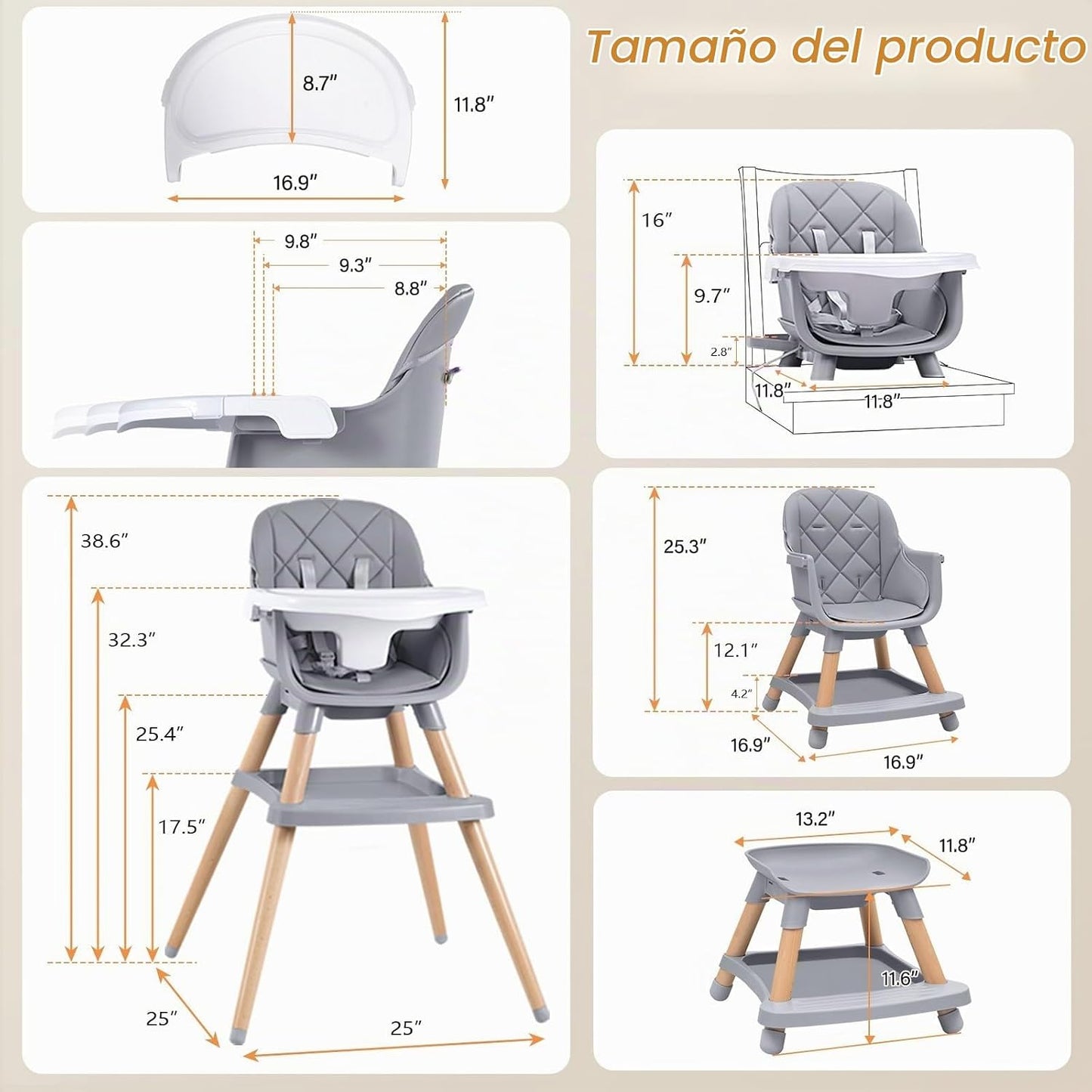 Silla alta Babyliebe para bebé, silla alta de madera convertible 8...