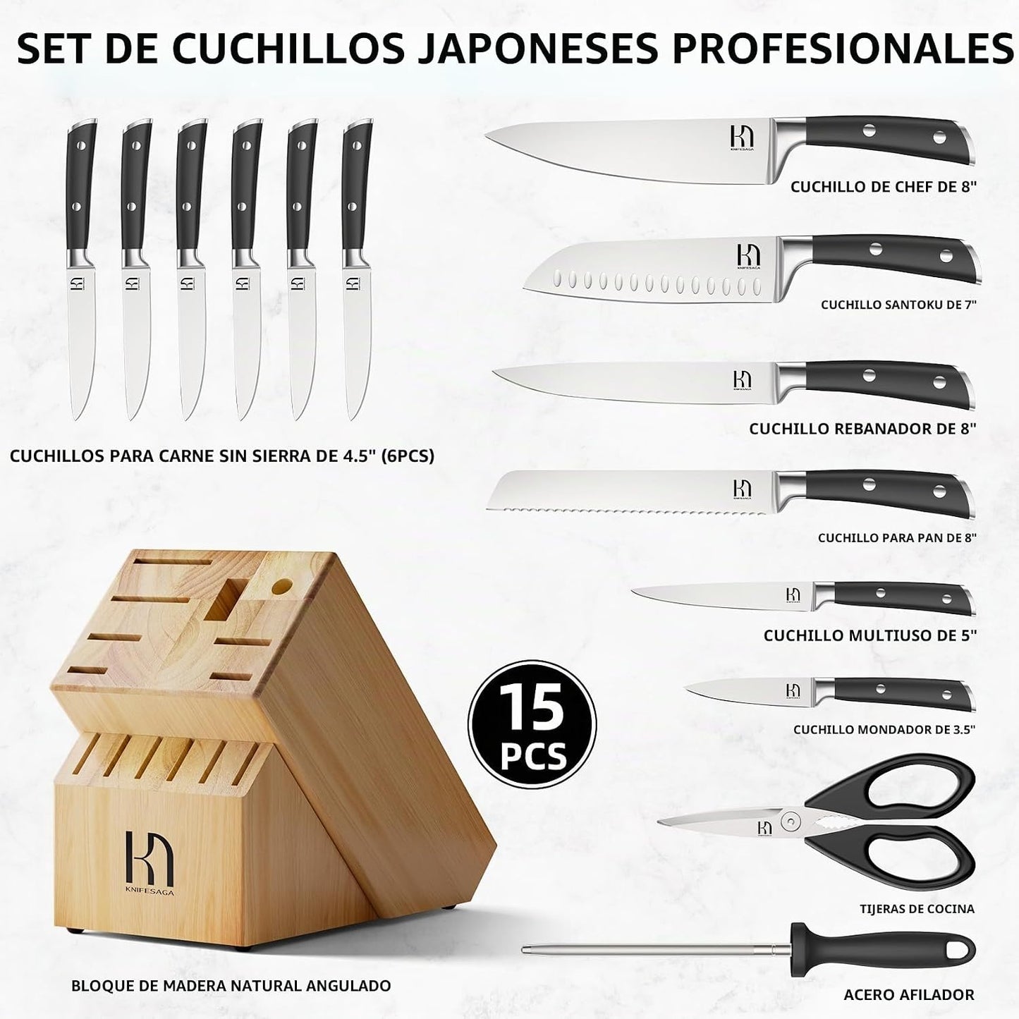 KnifeSaga Juego de cuchillos con bloque, juego de cuchillos de coci...