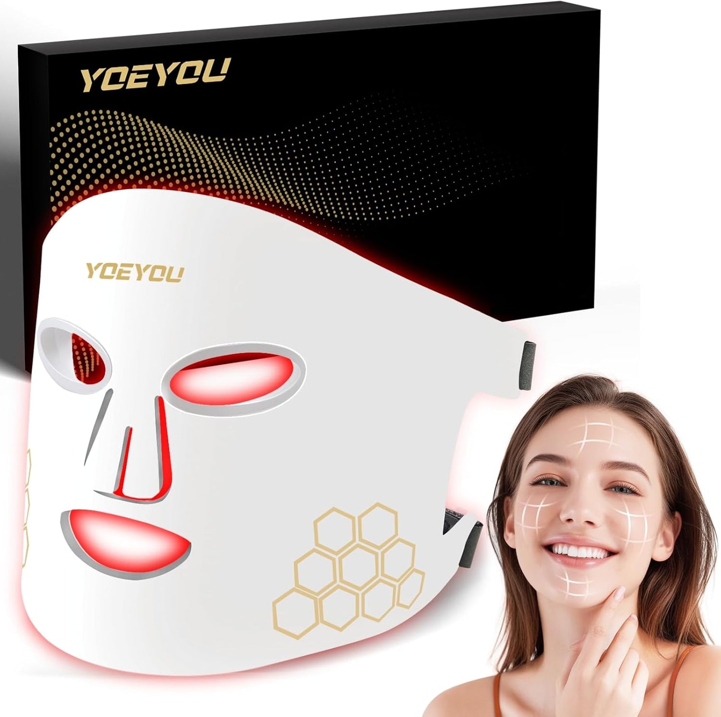 YOEYOU Terapia de luz roja para cara, máscara facial LED infrarroja...