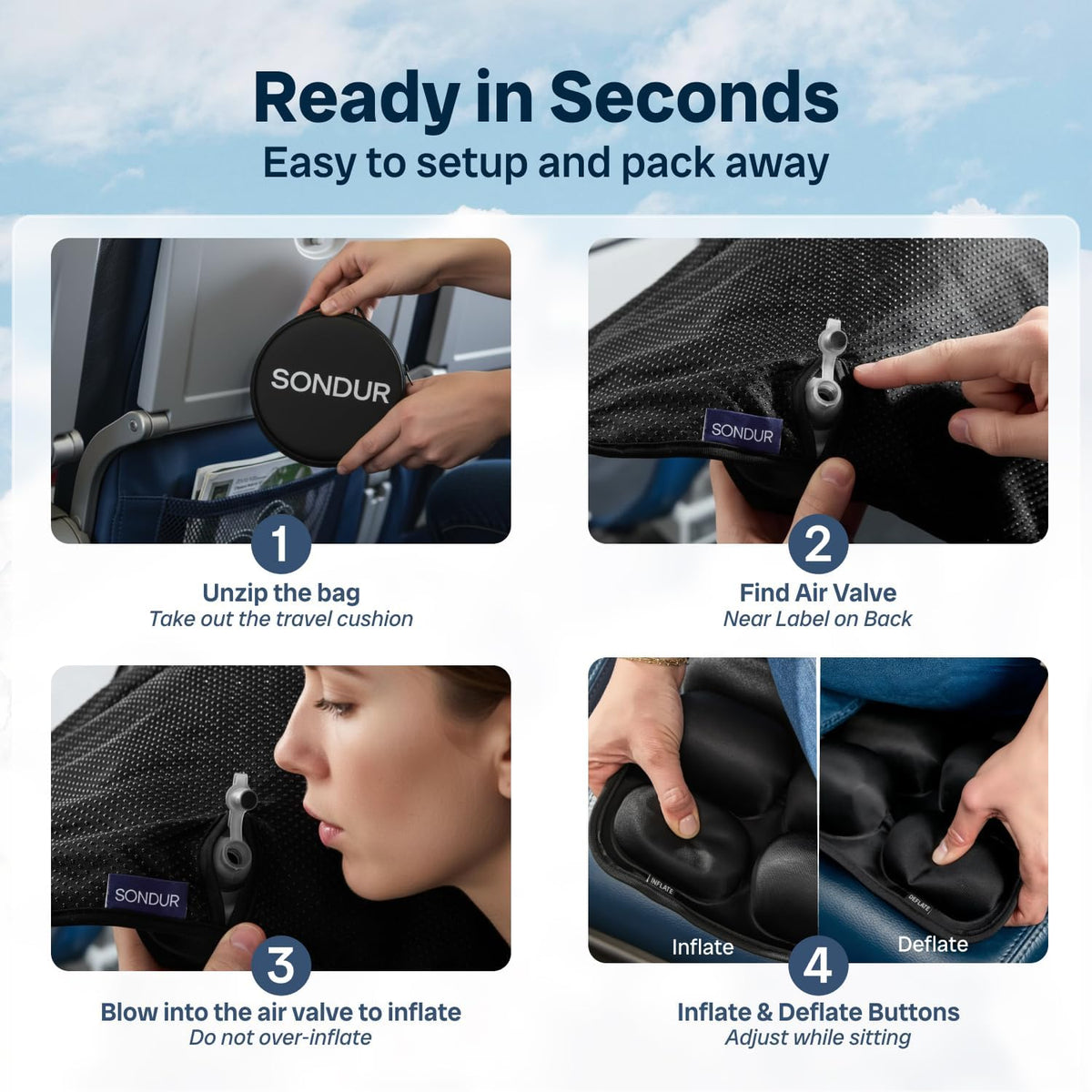 Sondur™ Cojín de viaje para vuelos largos - Cojín inflable para asi...