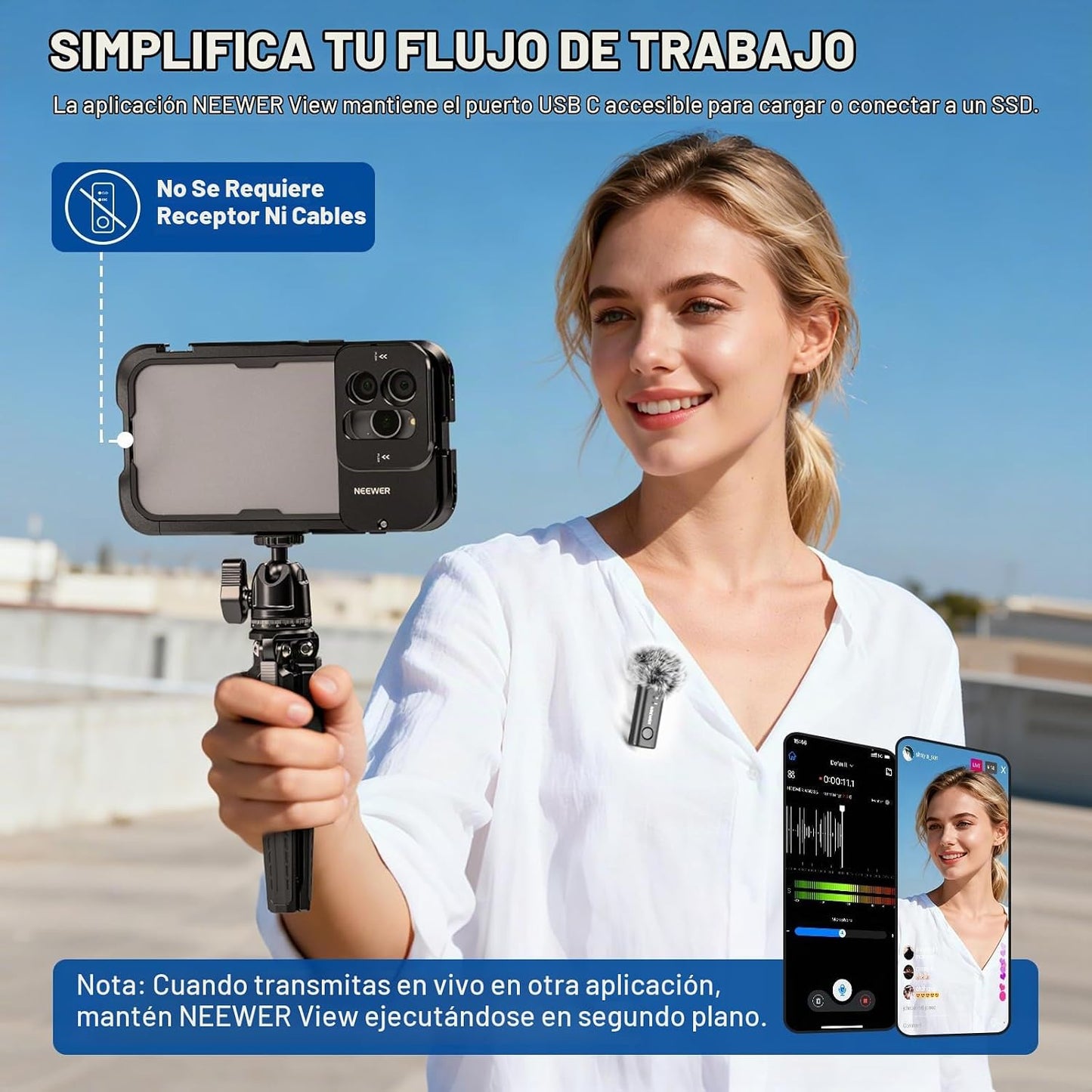 NEEWER KM23B Micrófono Lavalier Inalámbrico con Control de Aplicaci...