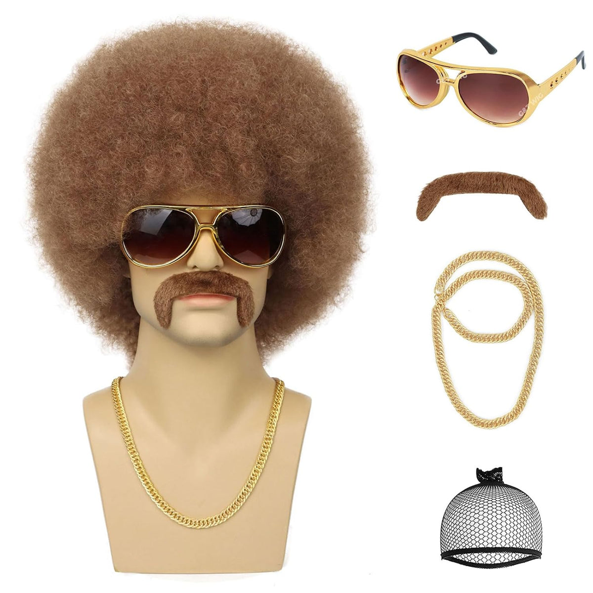 G&amp;T Wig Peluca afro de los años 70 para hombres con cadena de g...