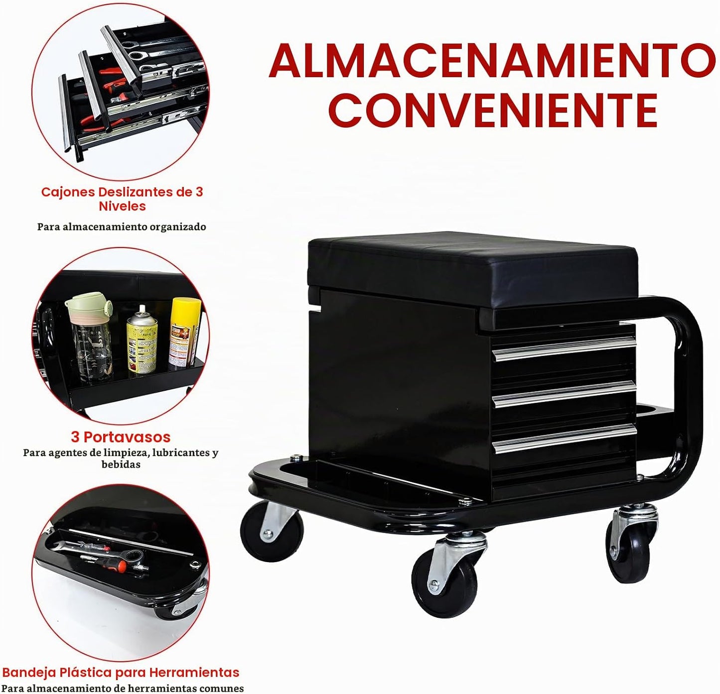 Taburete mecánico rodante con ruedas, asiento deslizante con 3 cajo...