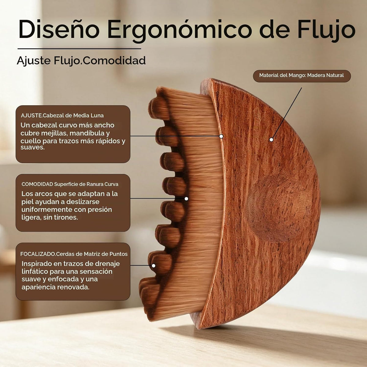 Cepillo facial de contorno linfático con mango de madera, 100% acer...