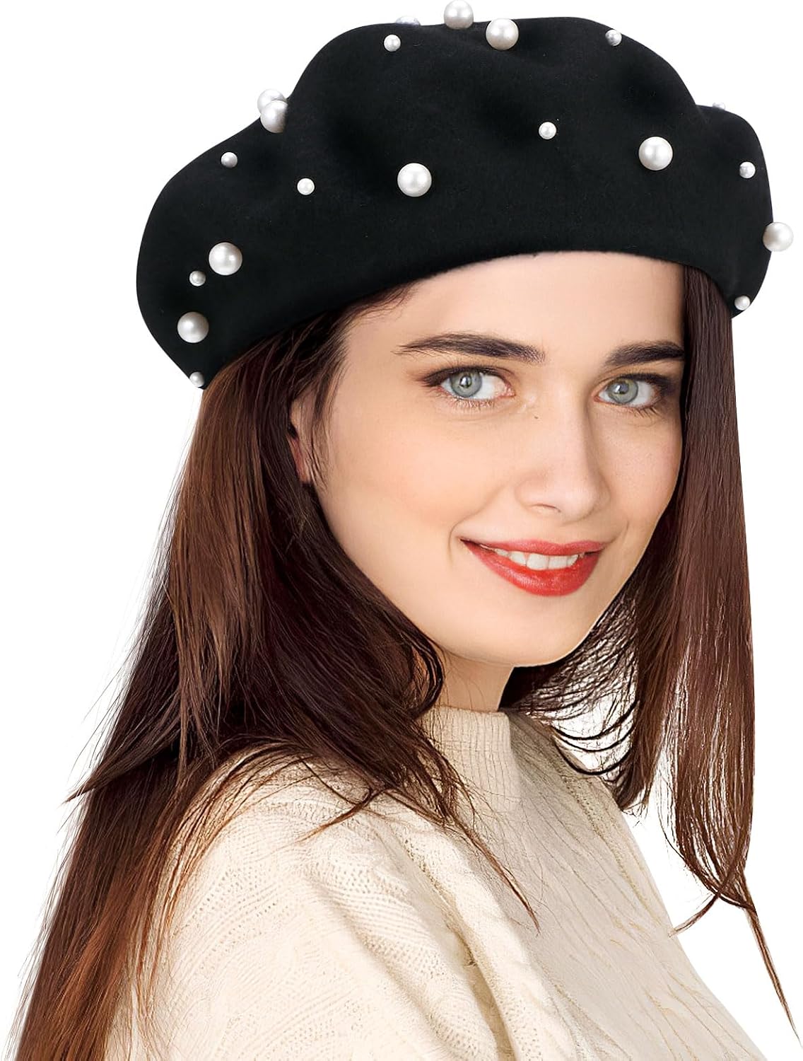 Boina negra para mujer, sombrero clásico de perla, boina francesa p...
