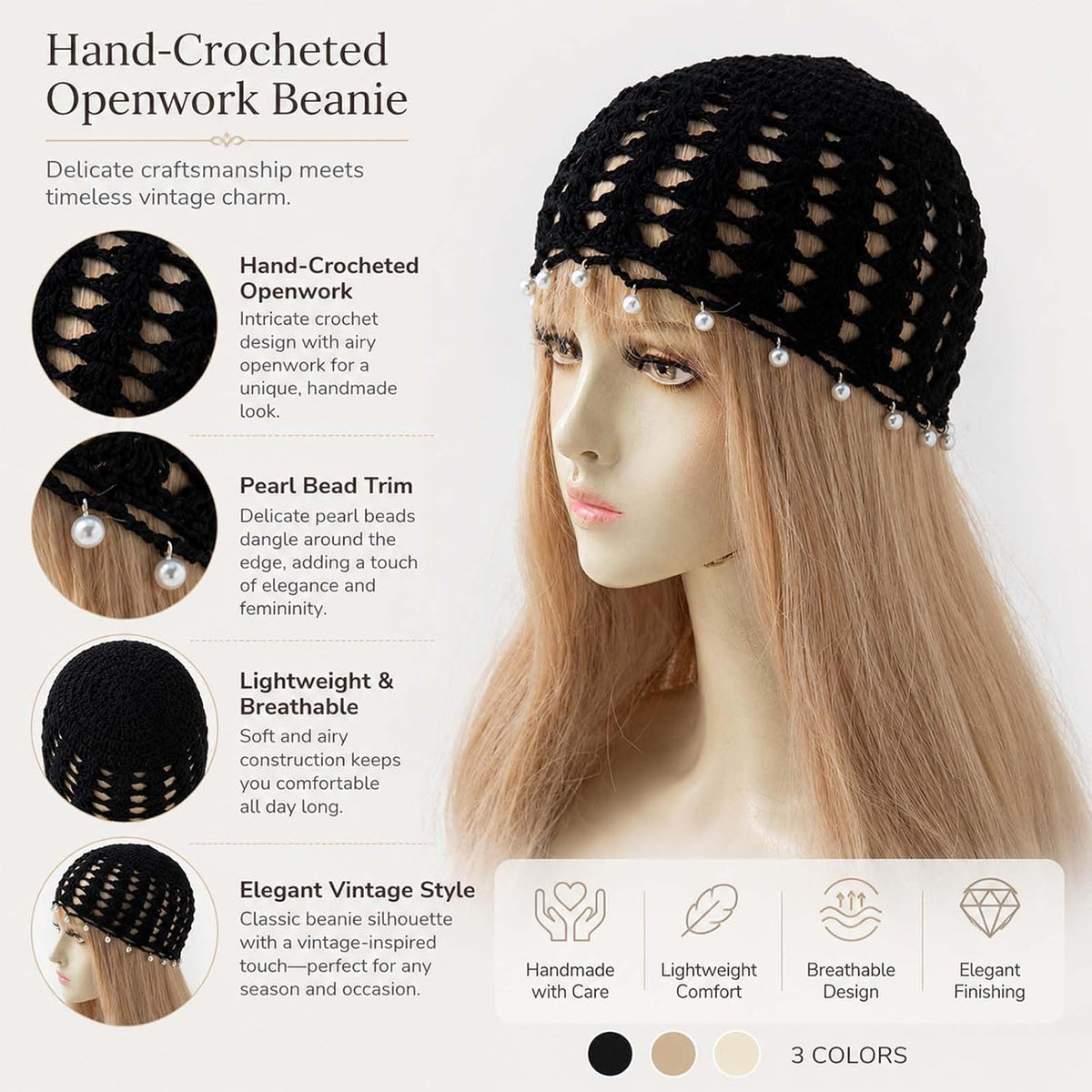 Lyfange Sombrero de ganchillo de perlas para mujer, hecho a mano, d...