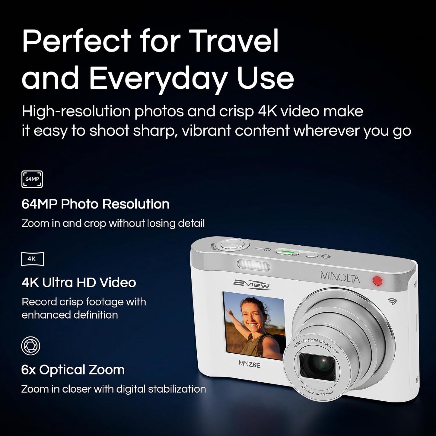 Minolta MNZ6E 2VIEW 64MP 6X Cámara WiFi con zoom óptico, 4K UHD, pa...
