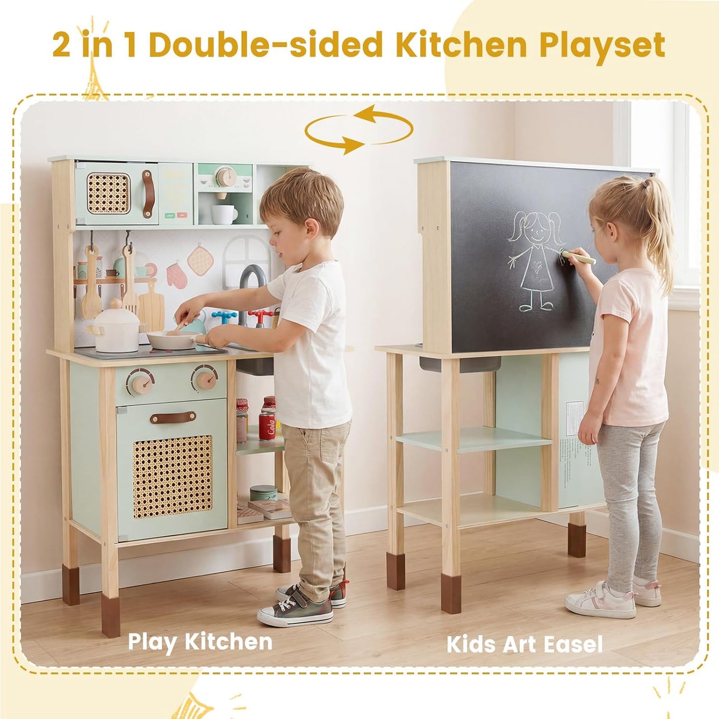 HONEY JOY Juego de cocina con pizarra, juego de cocina de madera de...