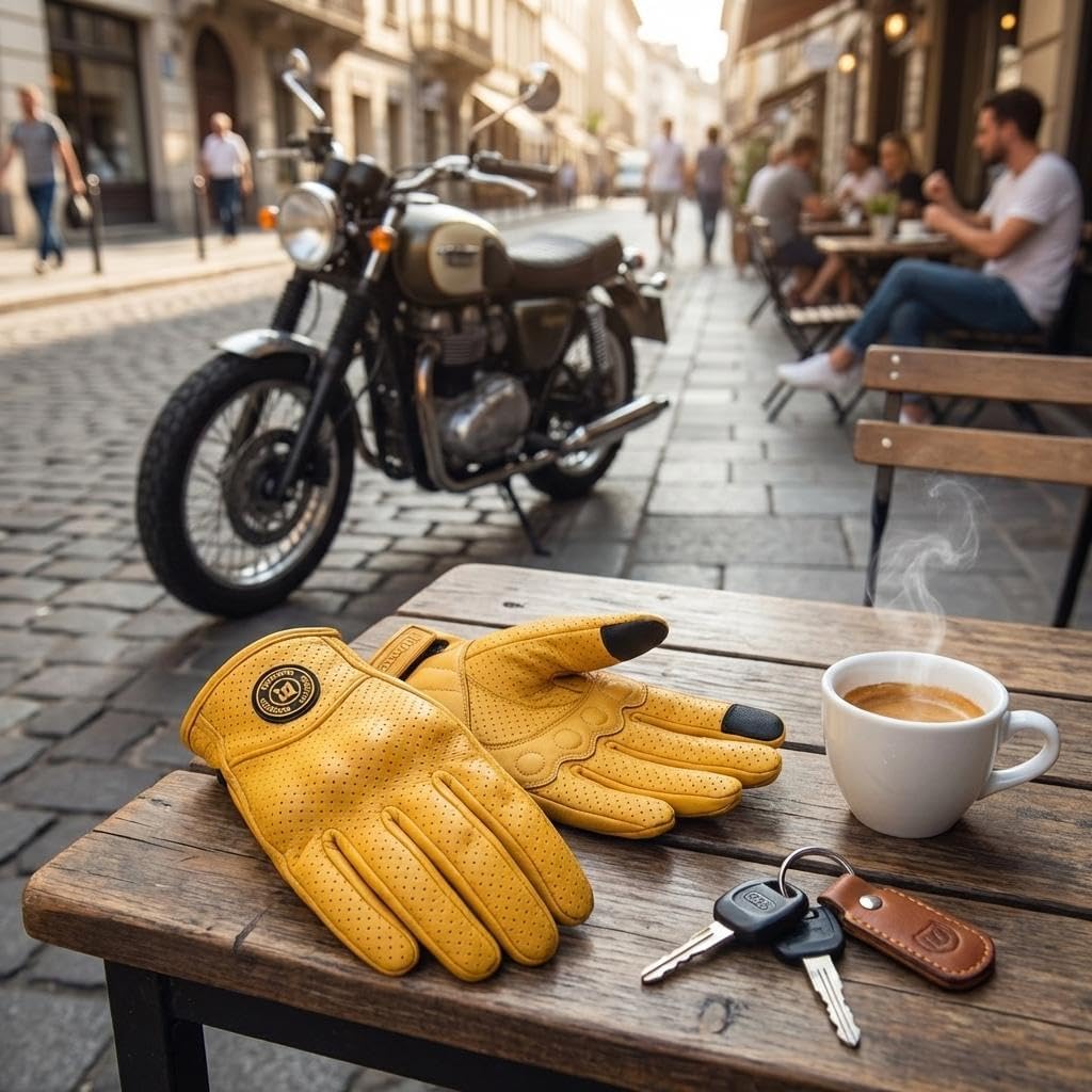 mjmoto Guantes clásicos de cuero de cabra para motocicleta, pantall...