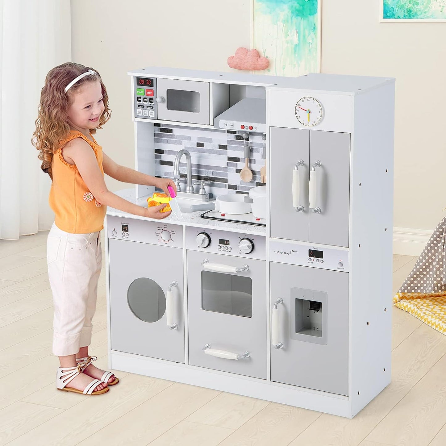 INFANS Juego de cocina para niños, juego de cocina de madera con lu...
