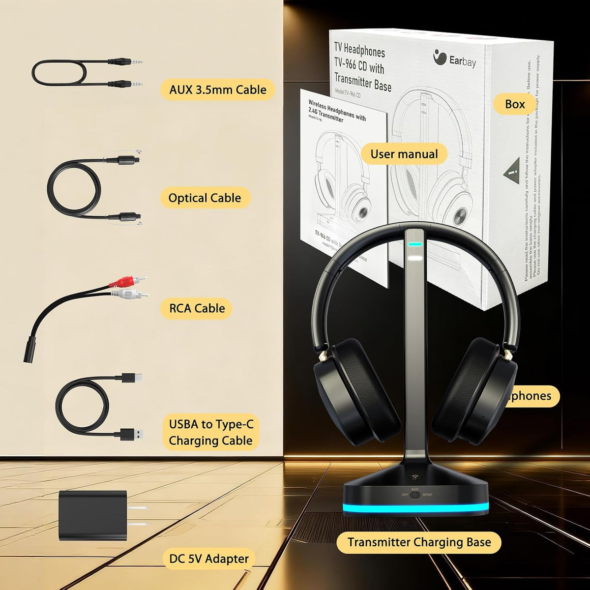 Auriculares inalámbricos para TV, base de carga óptica RCA AUX tran...