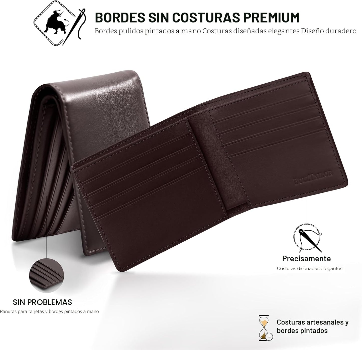 BULLTAILOR Billetera de cuero de grano completo para hombre, minima...