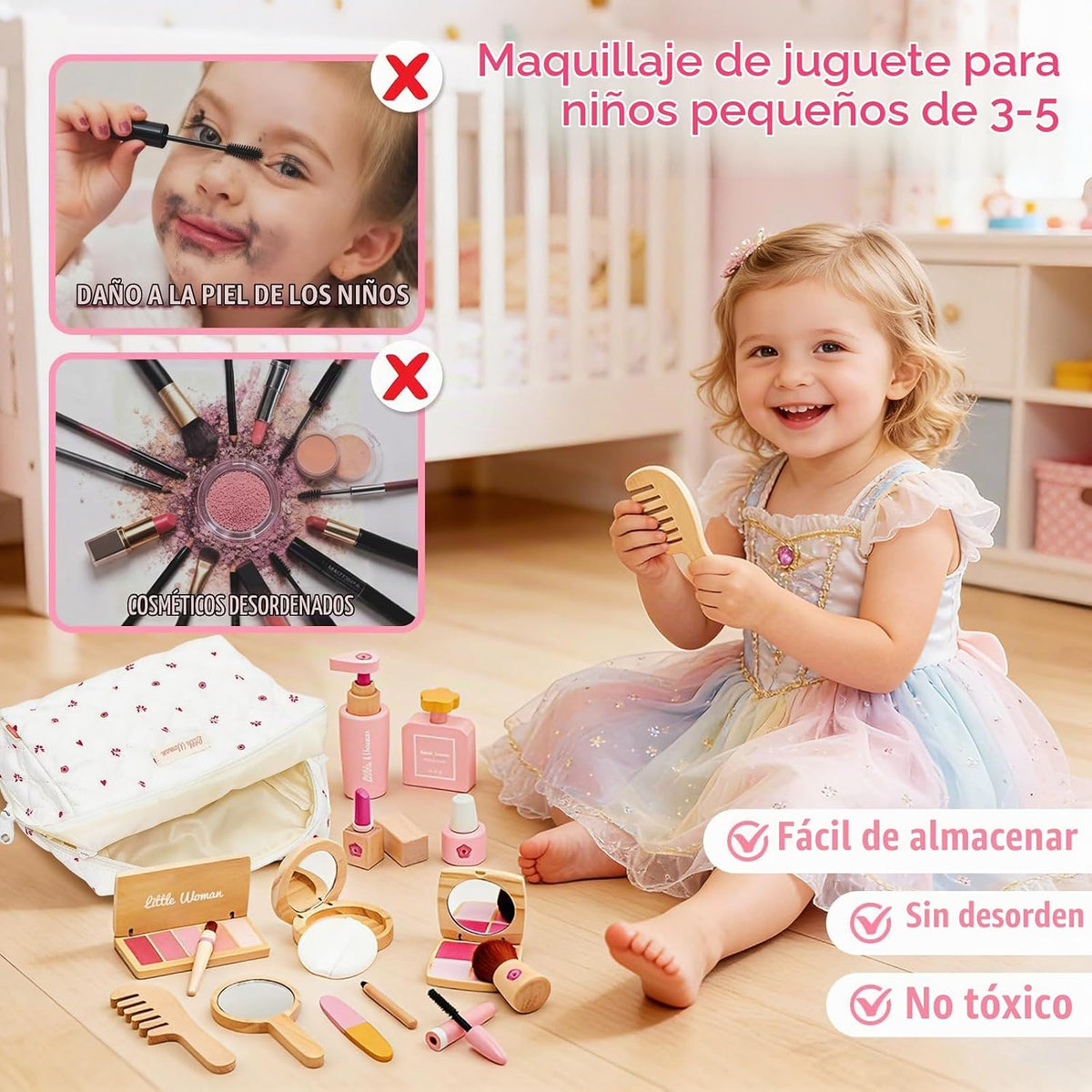 Treasdamic - Juego de juguetes de maquillaje de madera para niñas,...