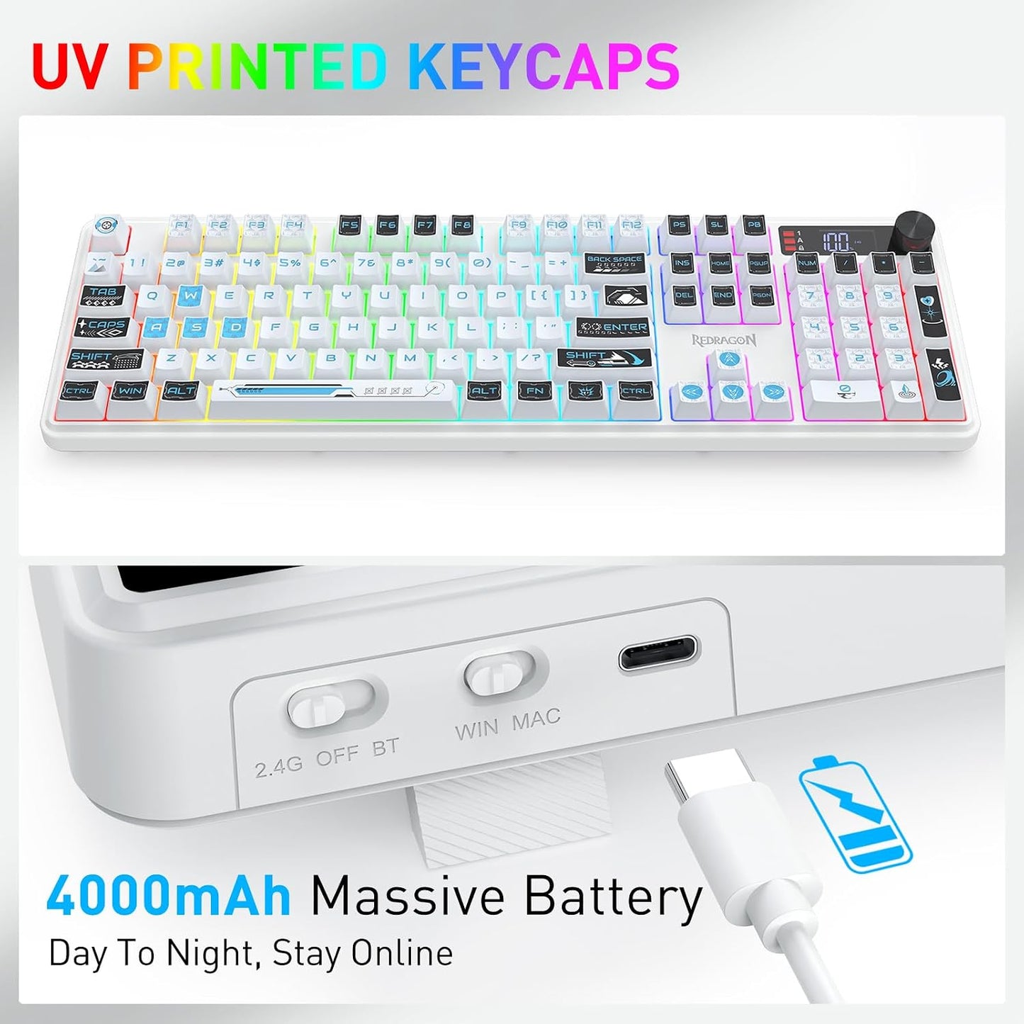 Redragon Teclado inalámbrico K526 PRO RGB para juegos, 104 teclas d...