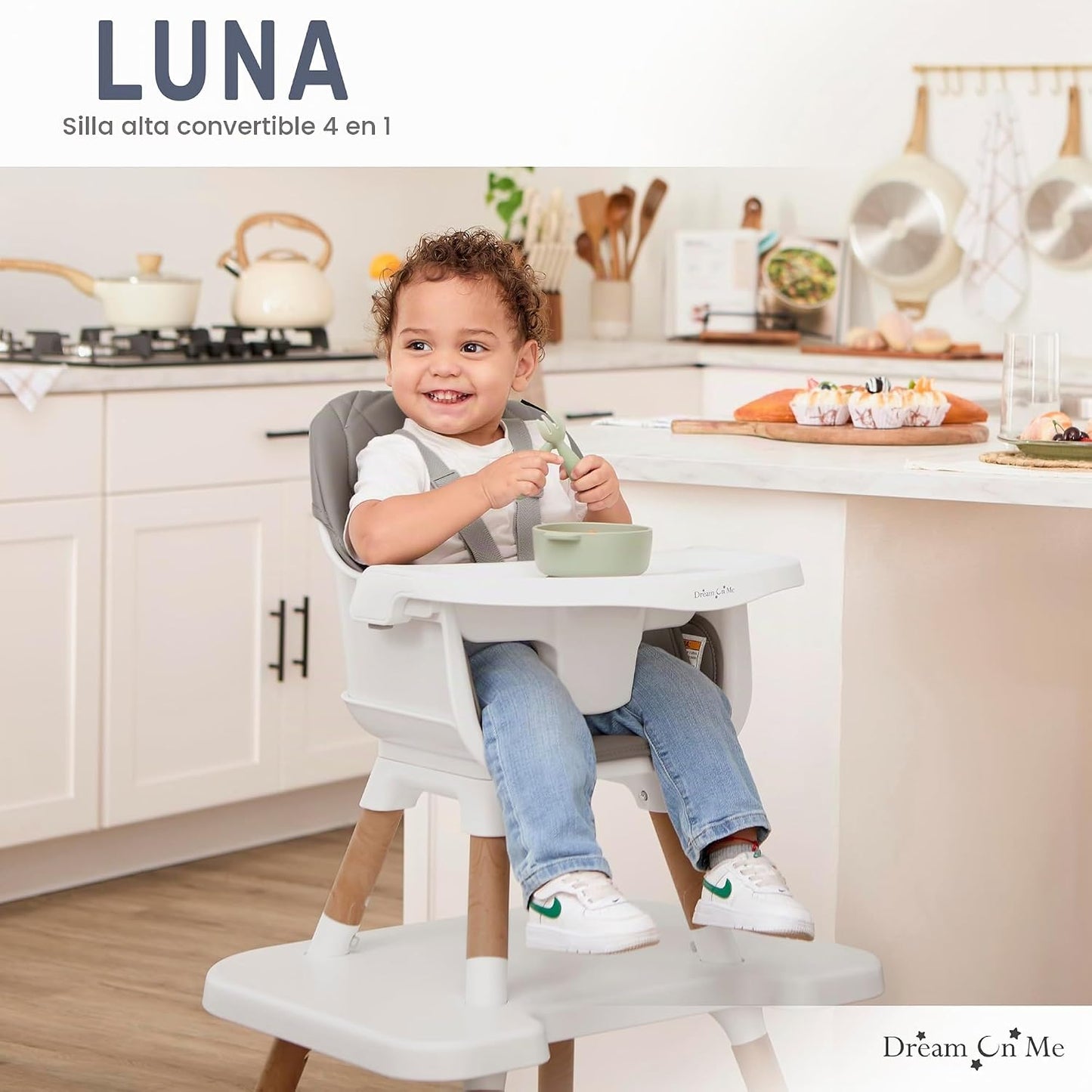 Dream On Me Luna - Silla alta convertible 4 en 1 para bebé en gris...