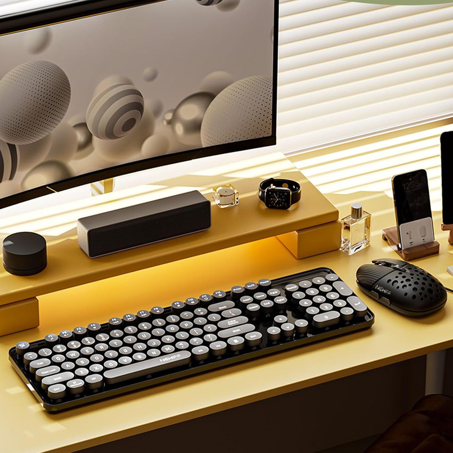 Combo de teclado y mouse inalámbricos, teclas redondas retro de 104...