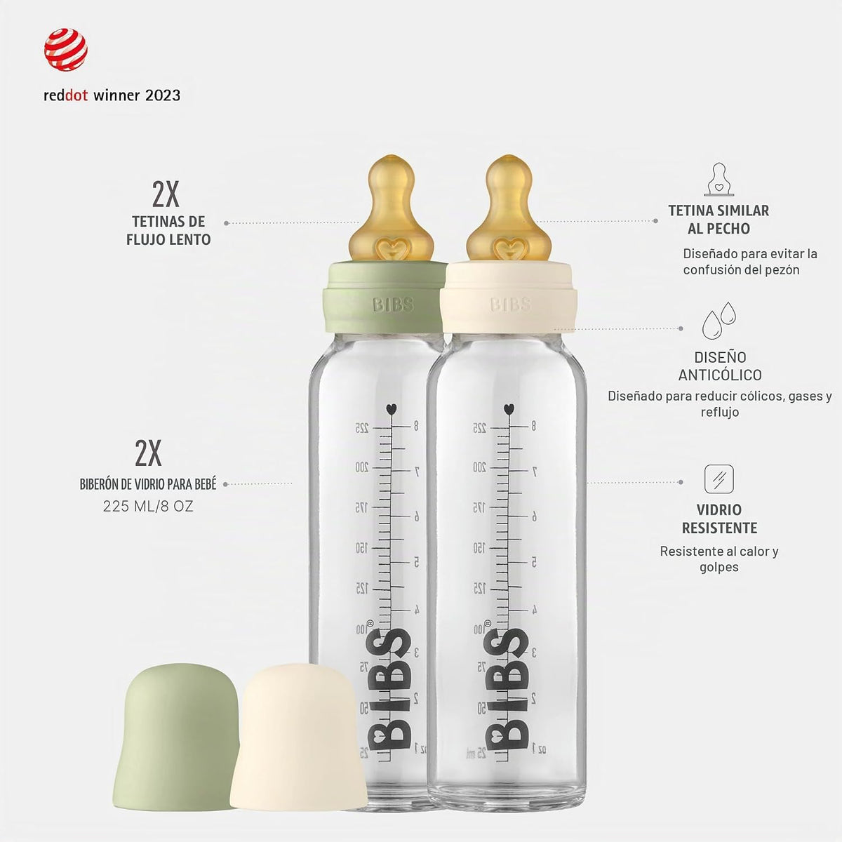 BIBS - Botella de vidrio, 7.6 onzas, paquete de 2, pezón de goma na...