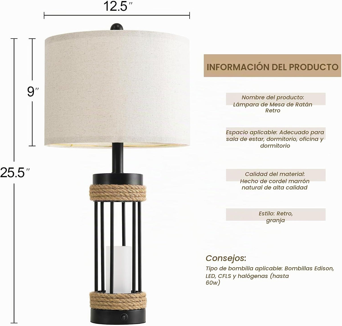 OYEARS Juego de 2 lámparas de mesa de 25" con luz nocturna, lám...