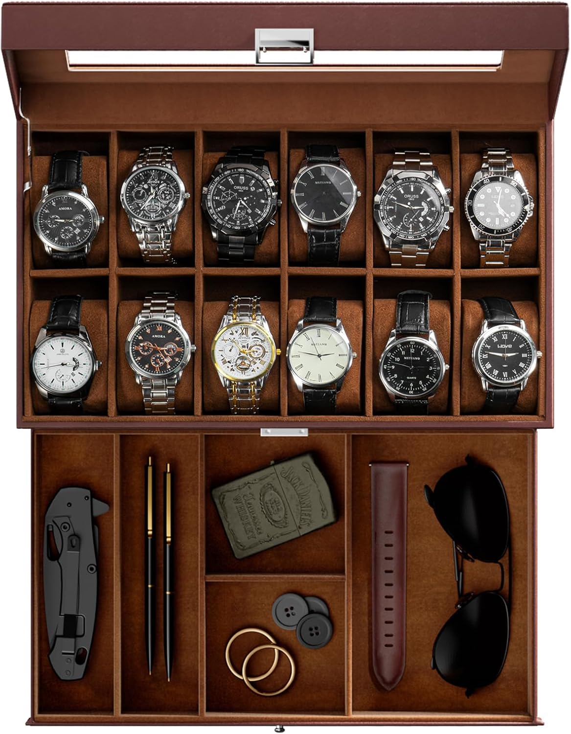 ProCase Caja de reloj, Caja de reloj para hombres con 12 ranuras y...