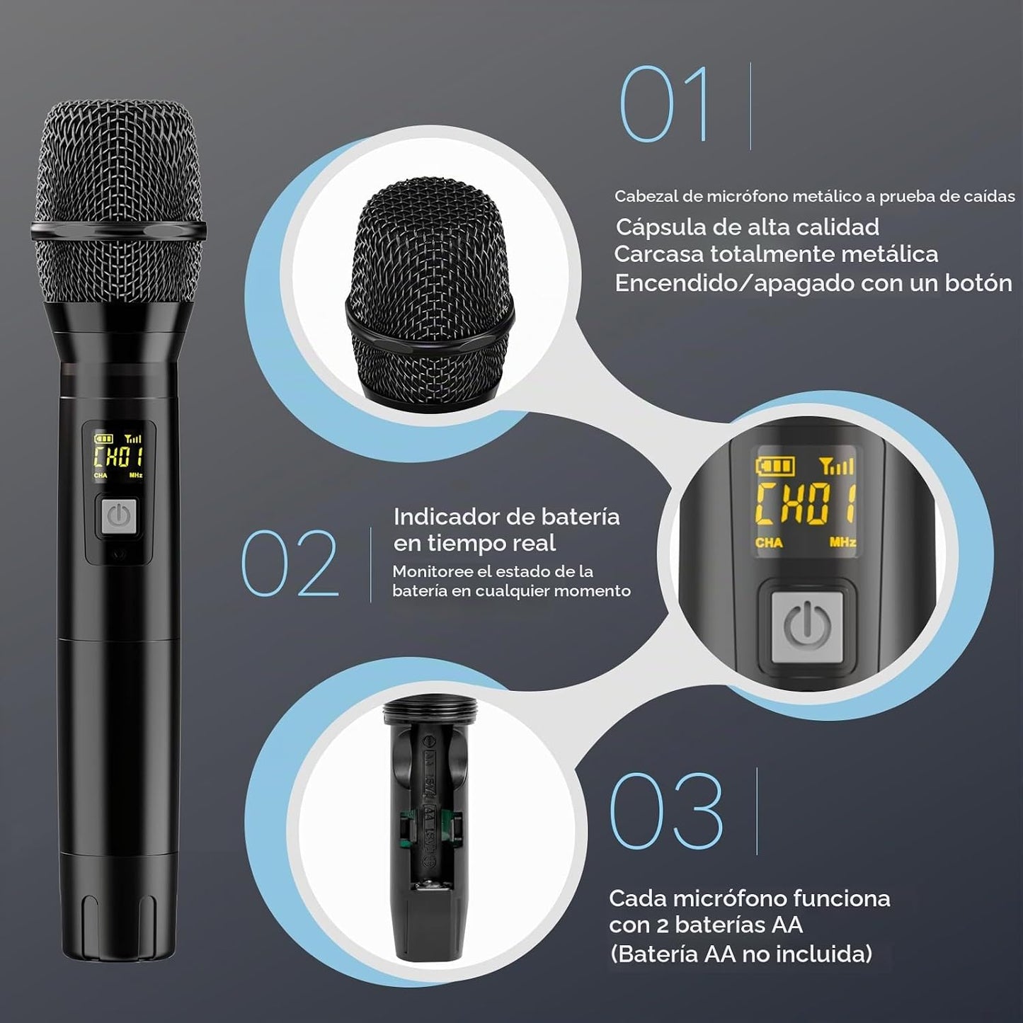Sistema de Micrófono Inalámbrico UHF: Juego de Micrófonos de Metal...