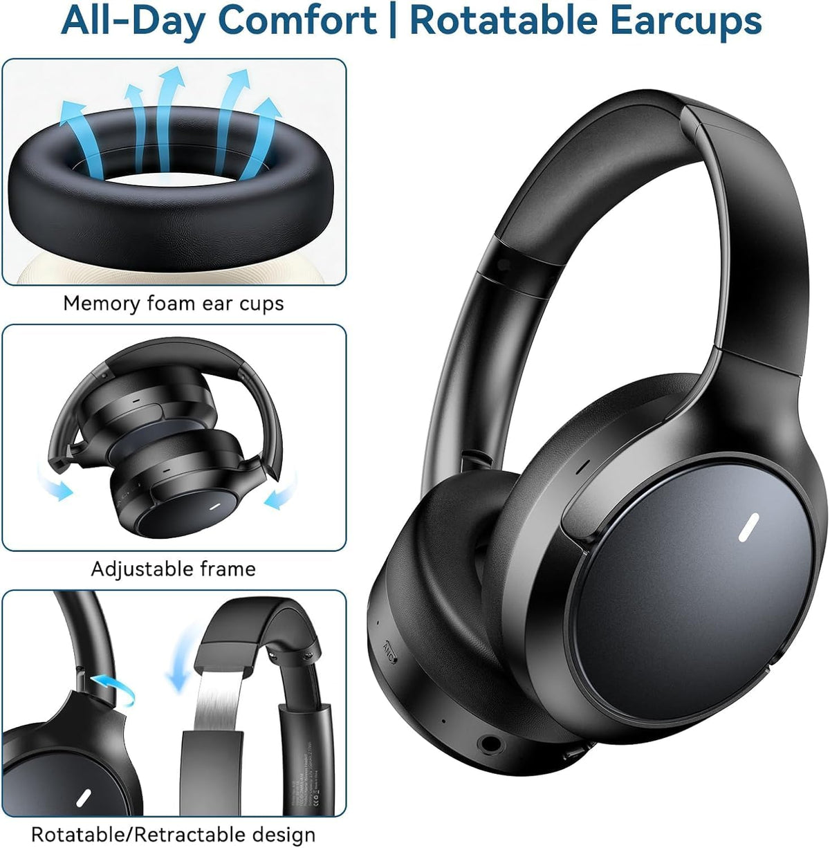 Auriculares inalámbricos ANC híbridos sobre la oreja, tiempo de rep...