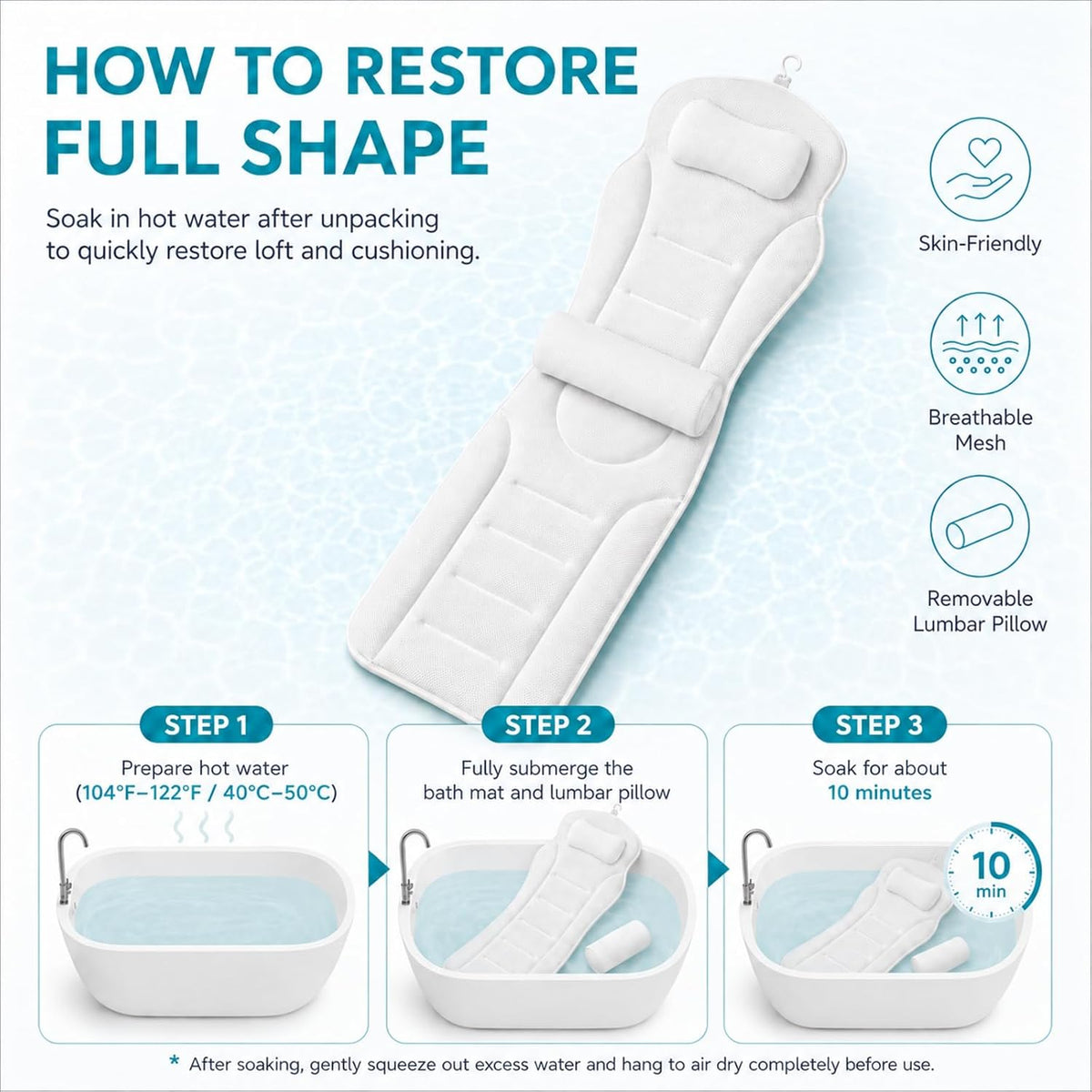 Almohada de cuerpo completo para bañera con soporte lumbar, cojín d...