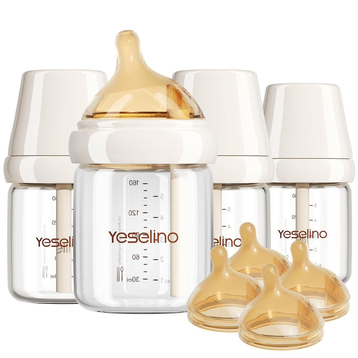 Biberón de vidrio natural, paquete de 4 con pezones adicionales, 2...