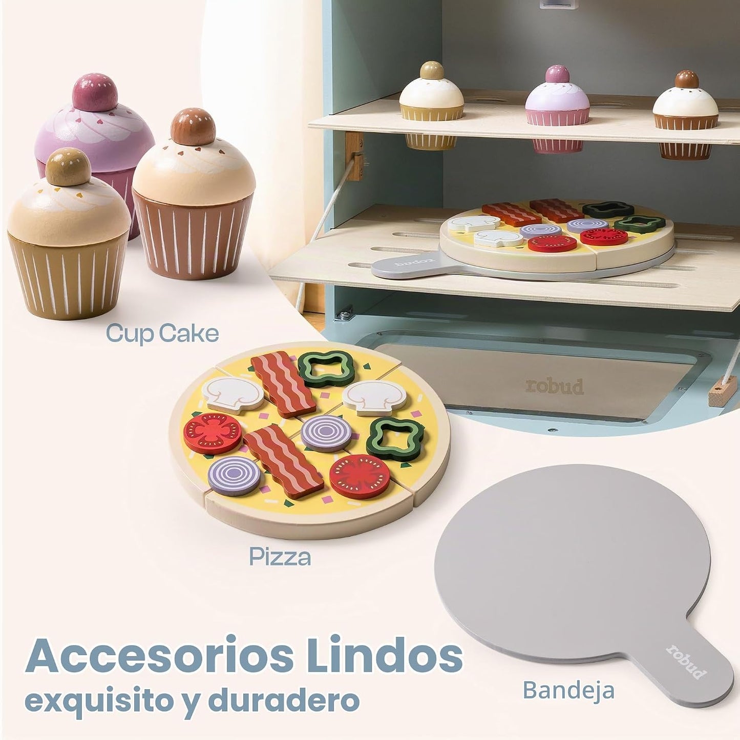 ROBUD Horno de madera para niños, juego de cocina de madera realist...