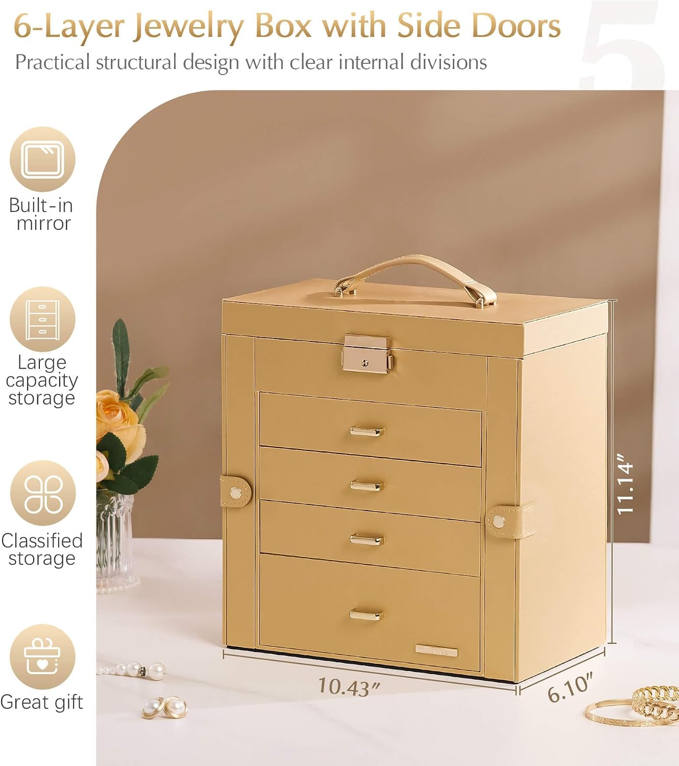 Homde - Joyero grande para mujer: organizador de 5 capas con cerrad...