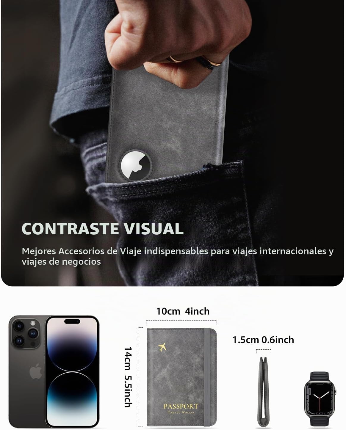 Stouchi Porta Pasaporte AirTag, Gris | Piel sintética ultradelgada...
