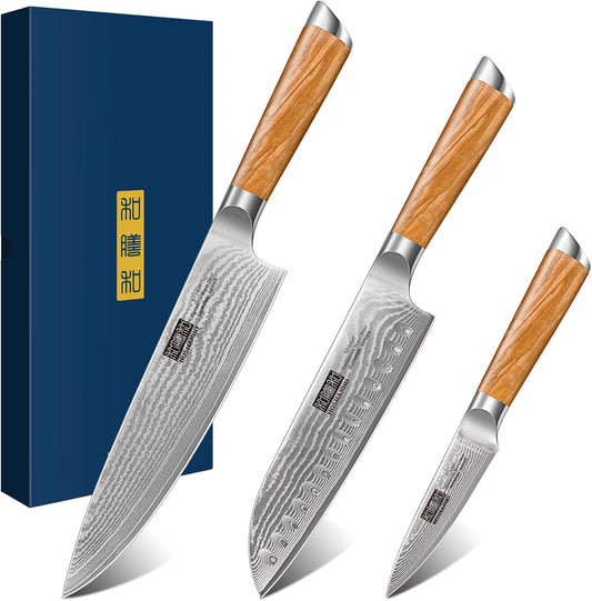 HOSHANHO Juego de cuchillos de cocina de Damasco 3 piezas, cuchillo...