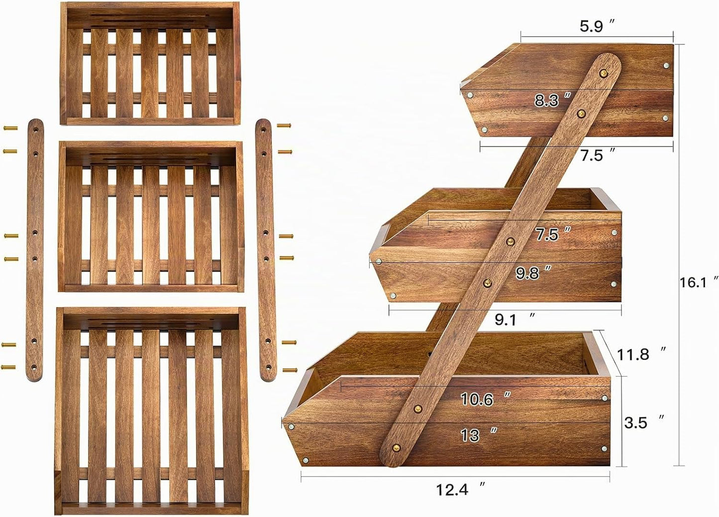 G.a HOMEFAVOR Cesta de frutas: Frutero de madera de acacia de 3 niv...