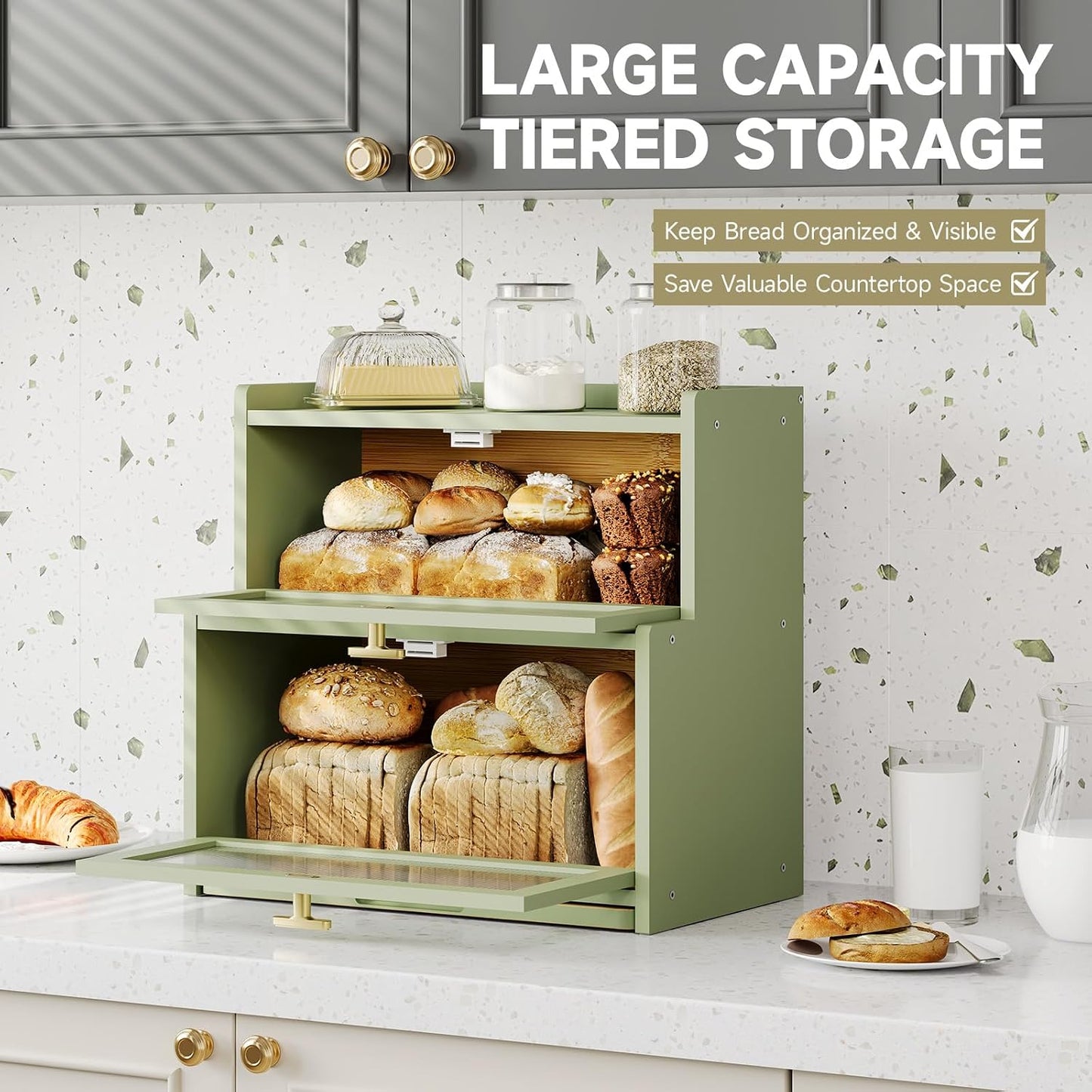Vellzeyce Caja de pan grande con tabla de cortar para encimera de c...