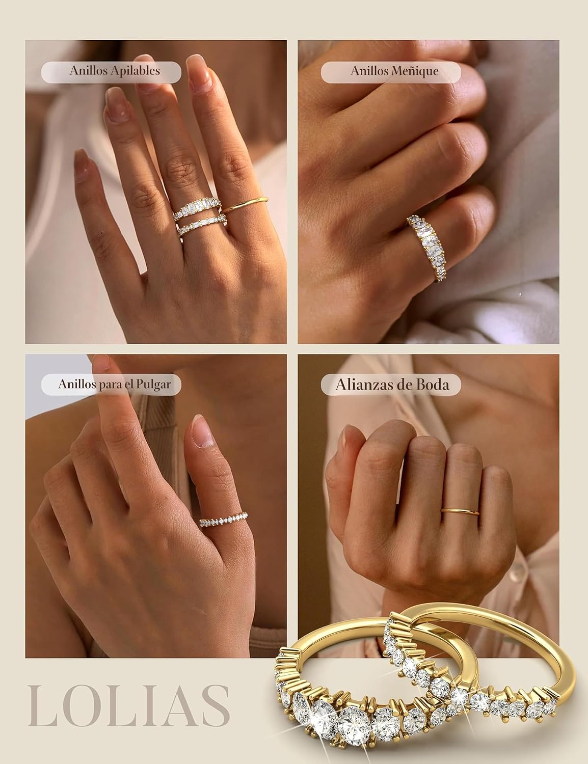 LOLIAS Anillos apilables chapados en oro de 14 quilates para mujer...